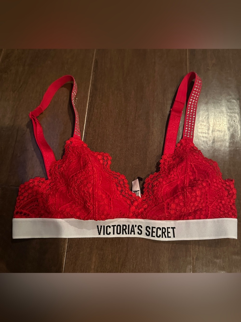 Victoria's Secret Bright Red Lace Bralette with Embellished Straps